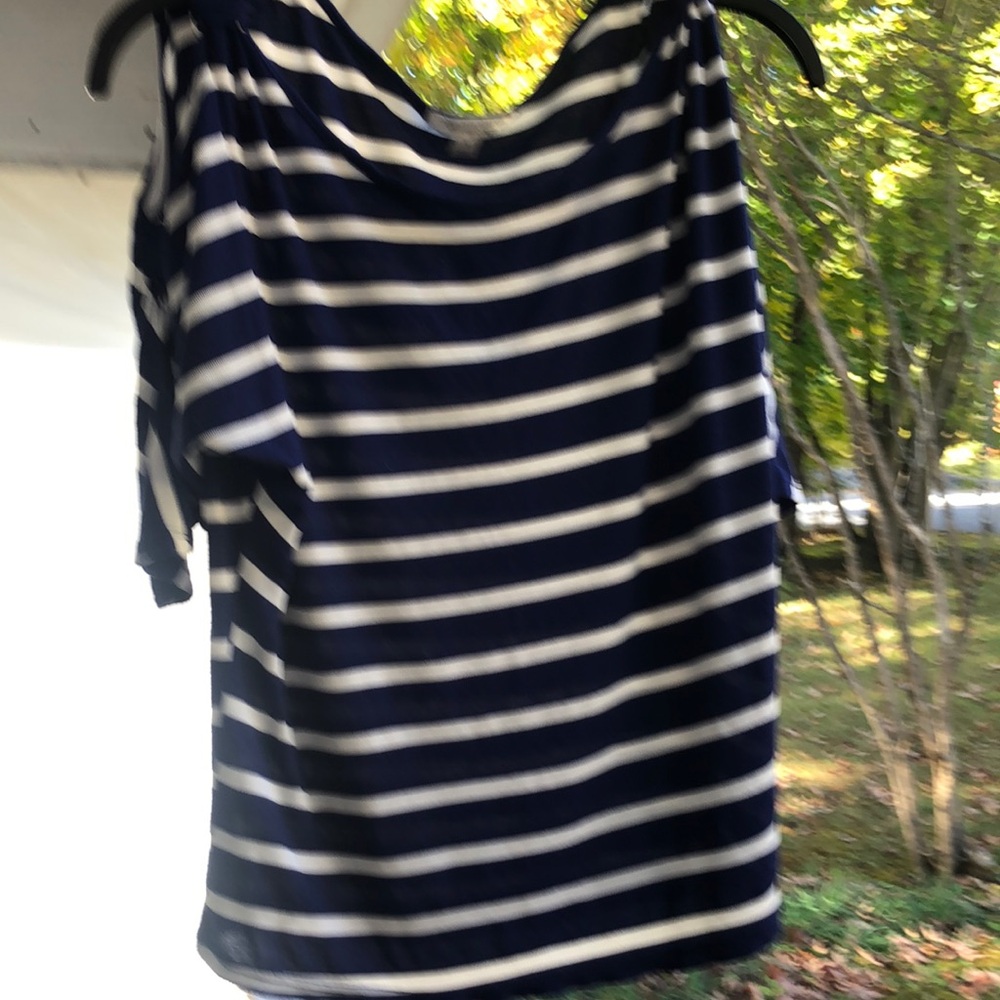 Vintage cold shoulder navy and white striped short sleeve shirt